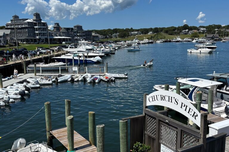 Boats at Church's Pier in Oak Bluffs harbor, the Wesley Hotel behind